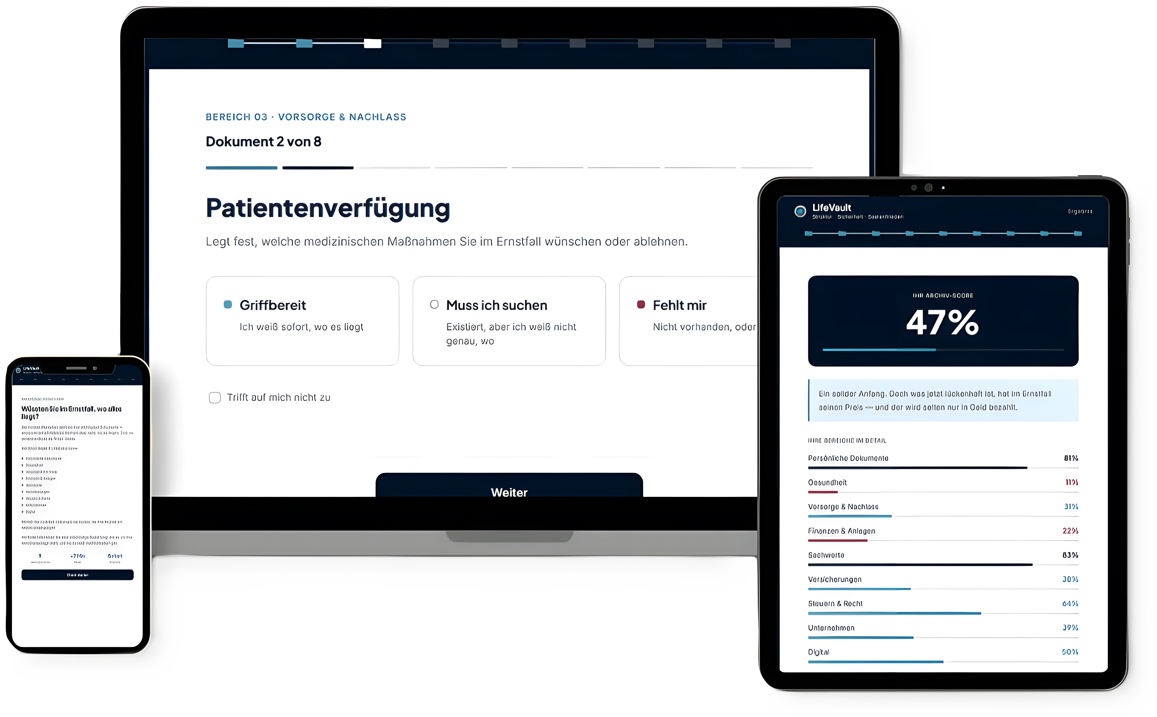 LifeVault Archiv-Check auf Laptop, Tablet und Smartphone