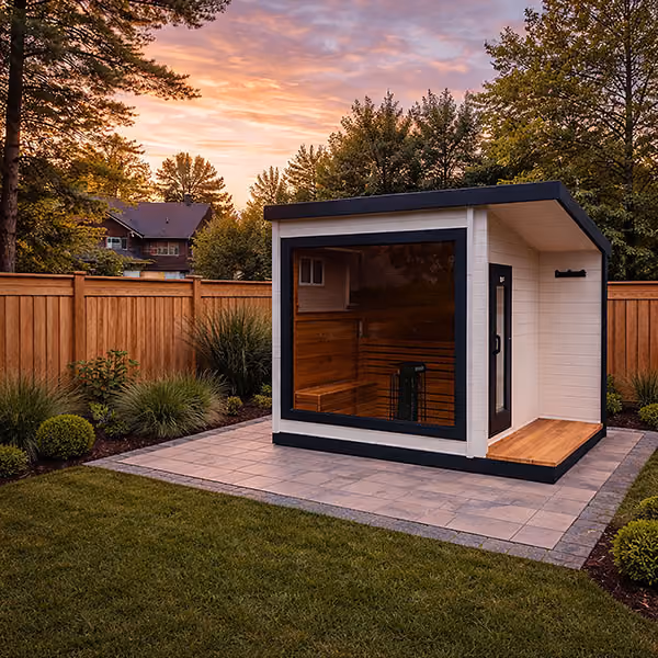Modern backyard sauna with large glass window on tiled patio surrounded by grass and wooden fence at sunset.