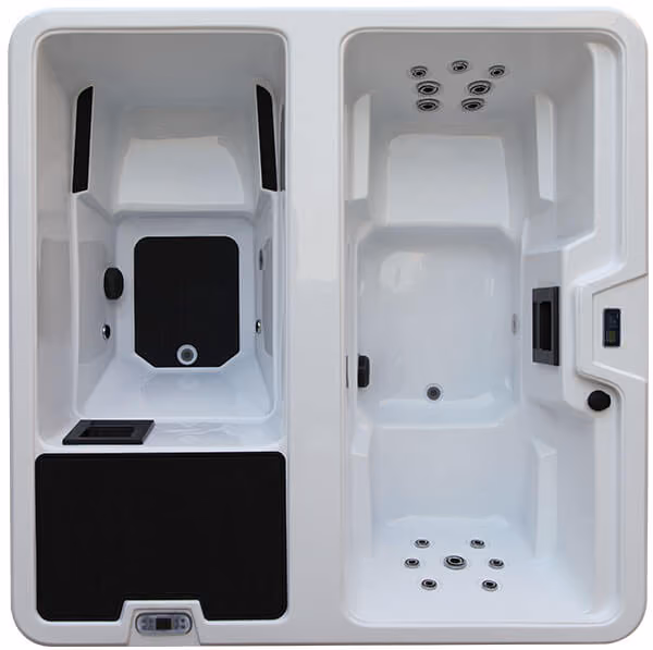 Top view of a white dual-compartment spa with black jet seats and multiple jet nozzles.