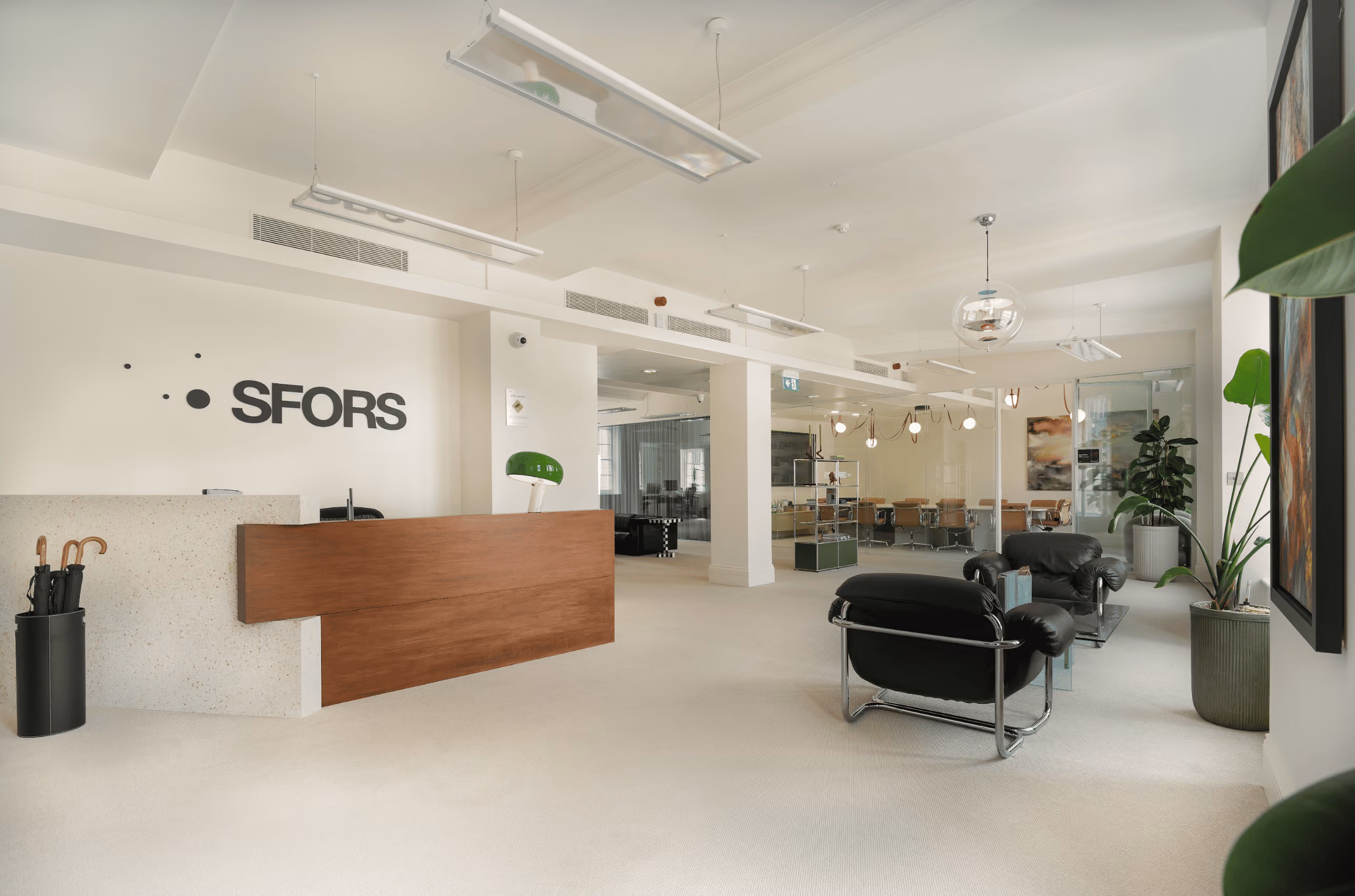 Bright office with wooden desks, black mesh chairs, computer monitors, and plants by large windows.