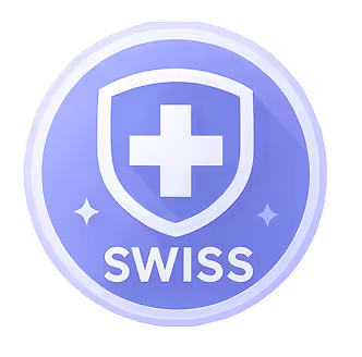Purple circular badge with a white shield containing a cross and the word SWISS below it.