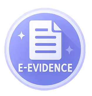 Icon of a document with lines and a folded corner inside a purple circle with the text 'E-EVIDENCE' below it.