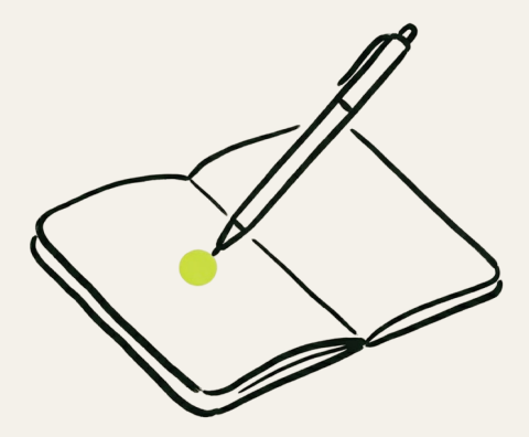 Hand-drawn open notebook with a pen and a lime dot