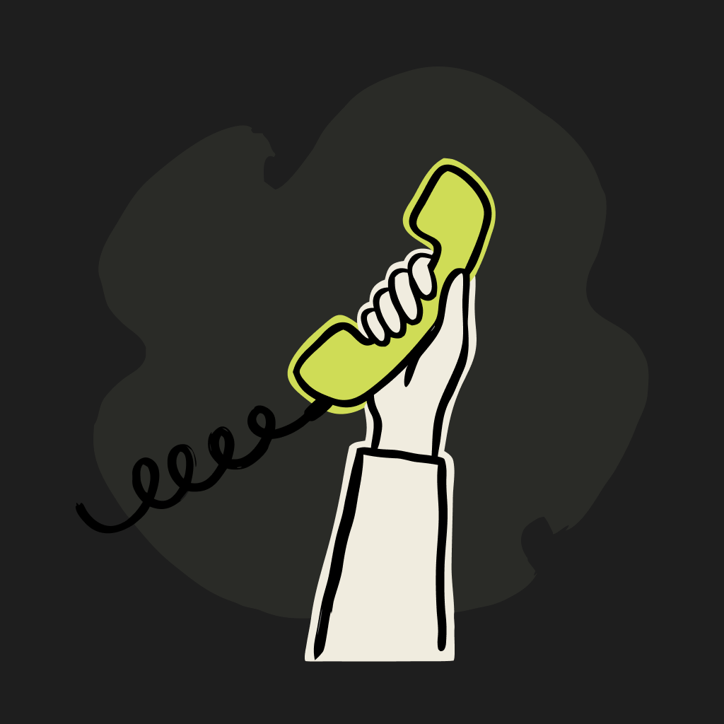 Illustration of a hand holding a lime-green telephone handset
