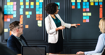 A team brainstorms options during a meeting.