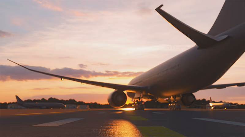 An aircraft moves down a runway at an airport at sunset.