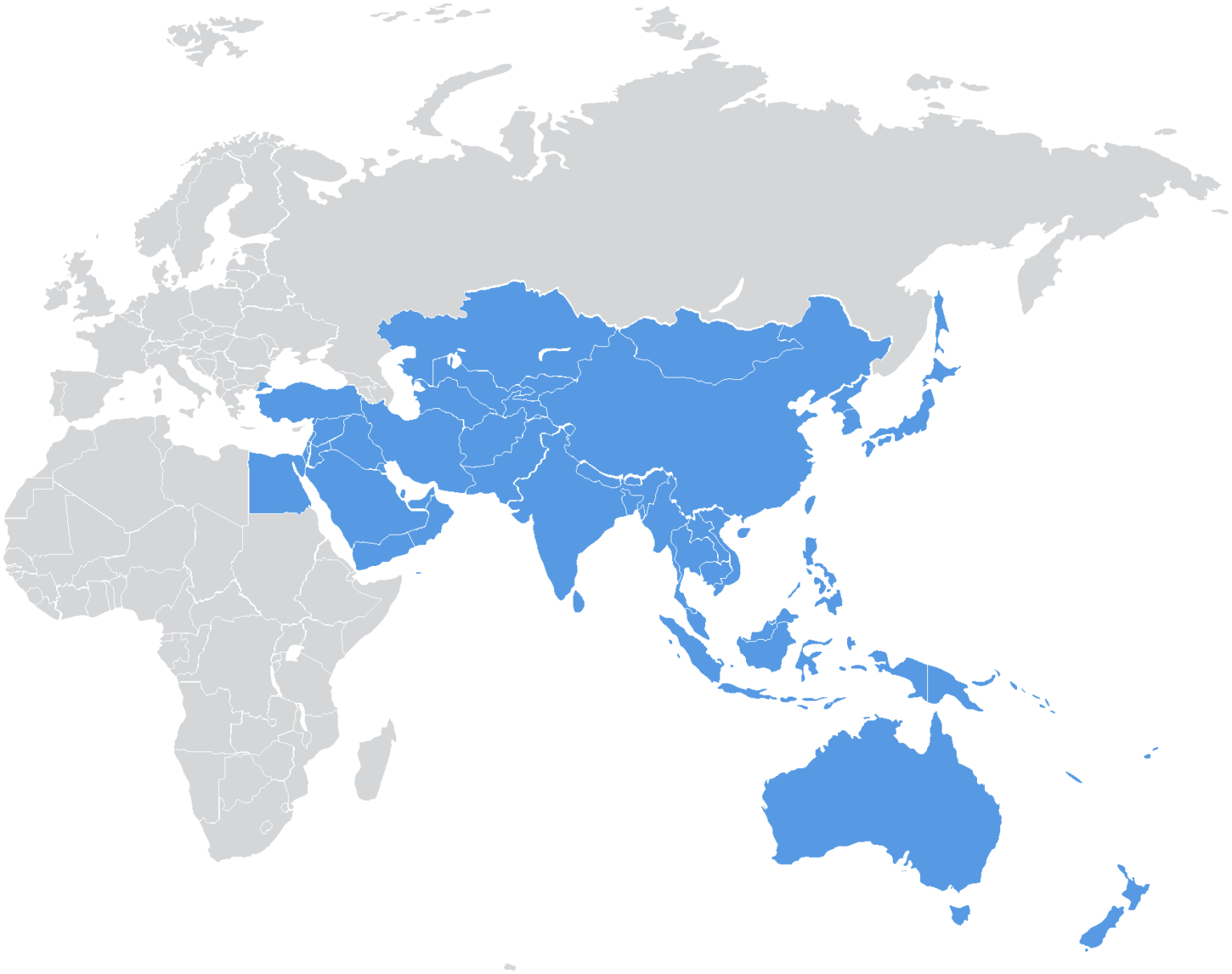 A map of the Eastern hemisphere with the Middle East, India, China, and Oceania highlighted in blue.