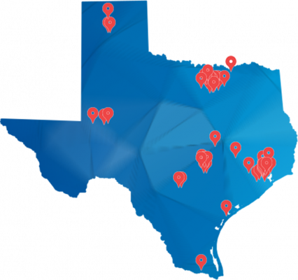 A map of Veoci customers across Texas.
