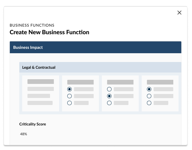 Veoci form for documenting business functions in business continuity planning.