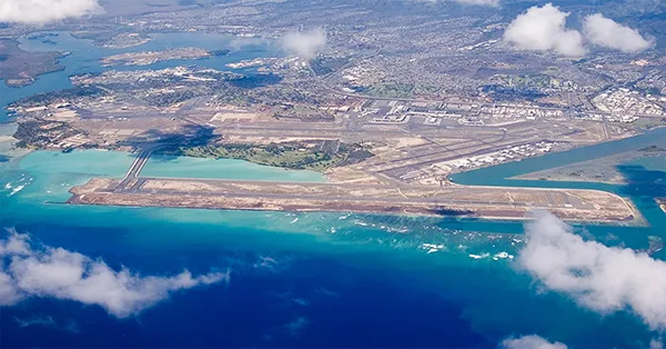 An aerial view of Daniel K. Inouye International Airport (HNL) in Honolulu, HI.