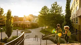 Students walk down a staircase on a college campus.