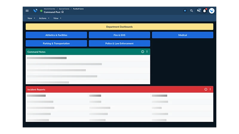 A Veoci dashboard for a campus event command post.