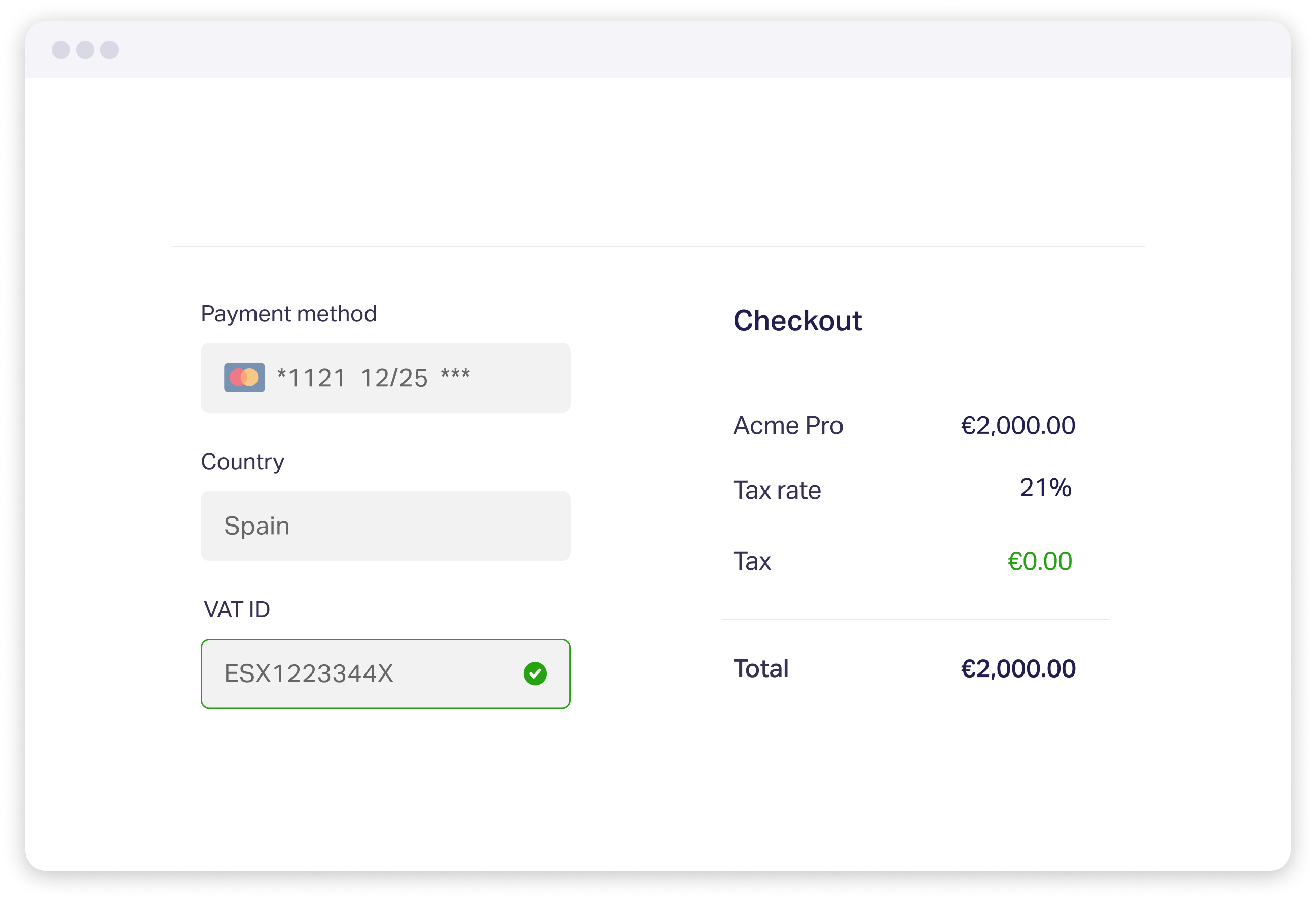 Checkout showing payment method, Spain as country, VAT ID, and total €2,000 with zero tax applied.