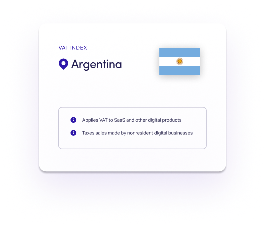 Card showing Argentina VAT index with flag and notes on VAT for digital products and nonresident sales.