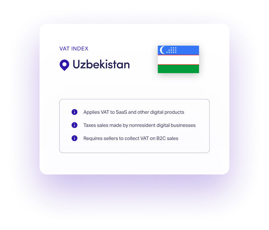 Card with Uzbekistan flag and VAT index details on digital products and nonresident sales.