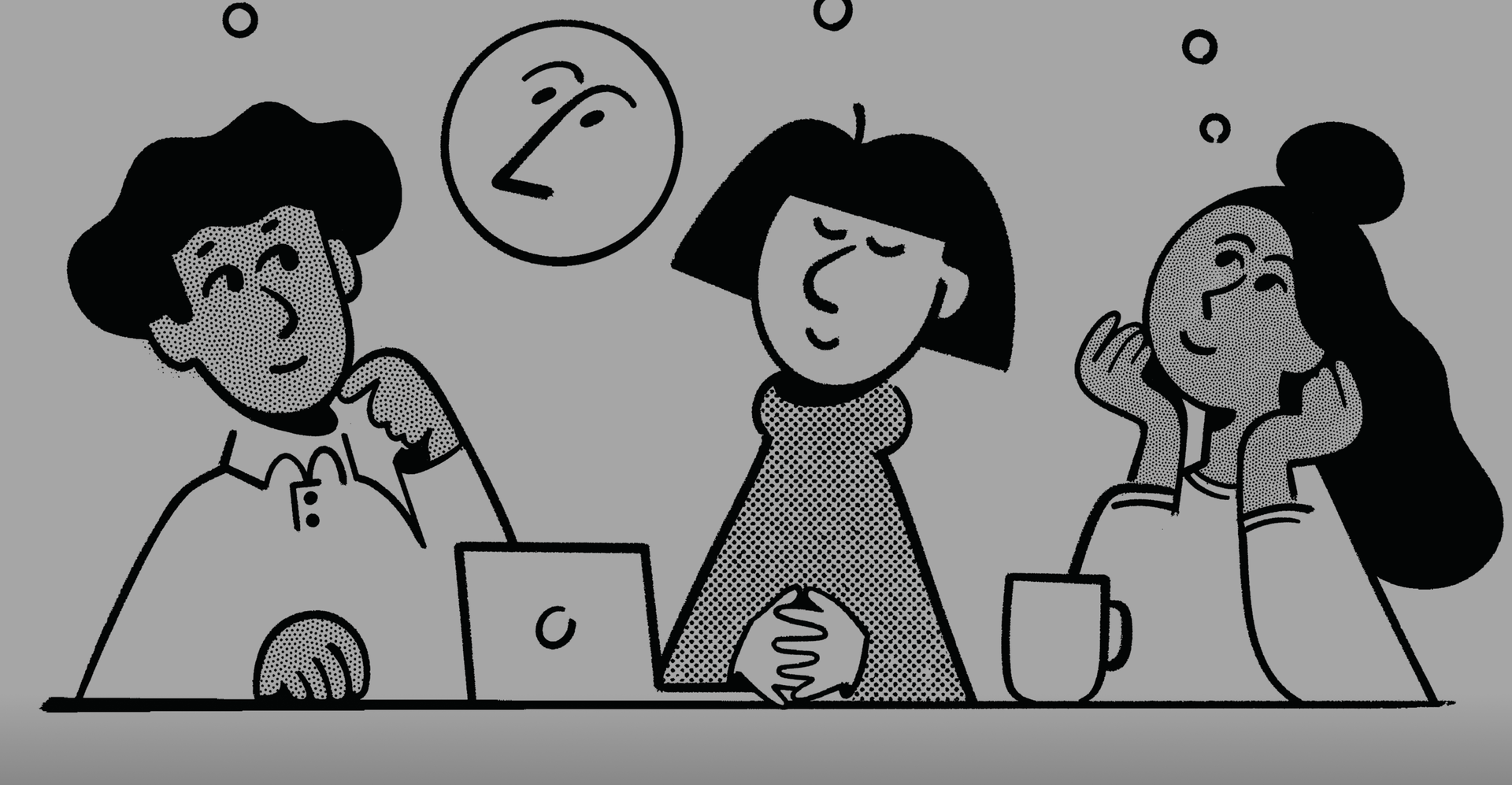 Three people sitting at a table with a laptop and mug, each with thought bubbles above their heads.