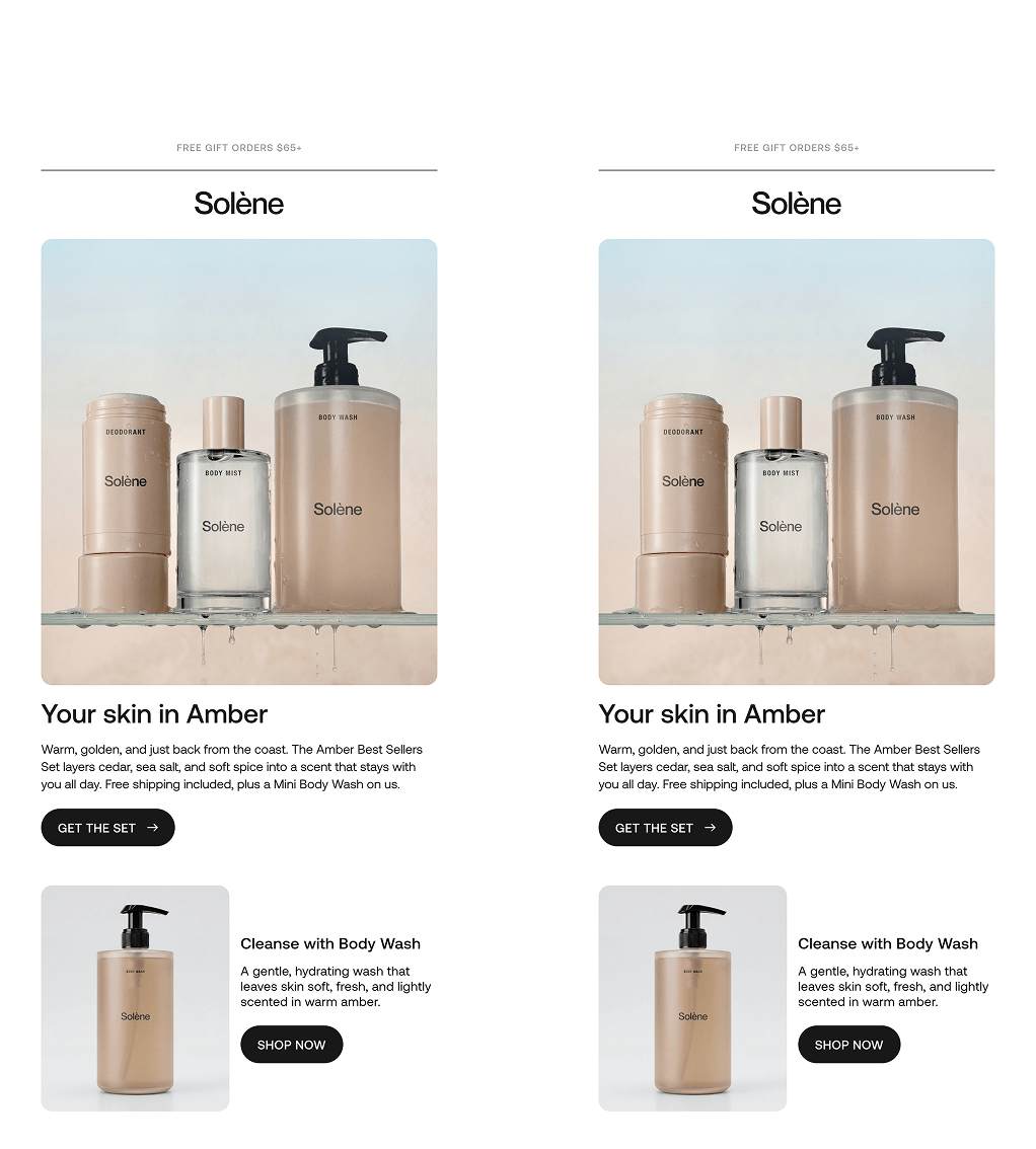 Three Solène skincare products including deodorant, body mist, and body wash displayed on glass with amber background.
