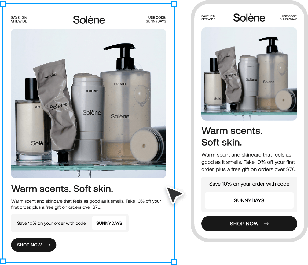 Solène skincare products including body mist, hand cream, deodorant, body wash, and a container on glass shelf.