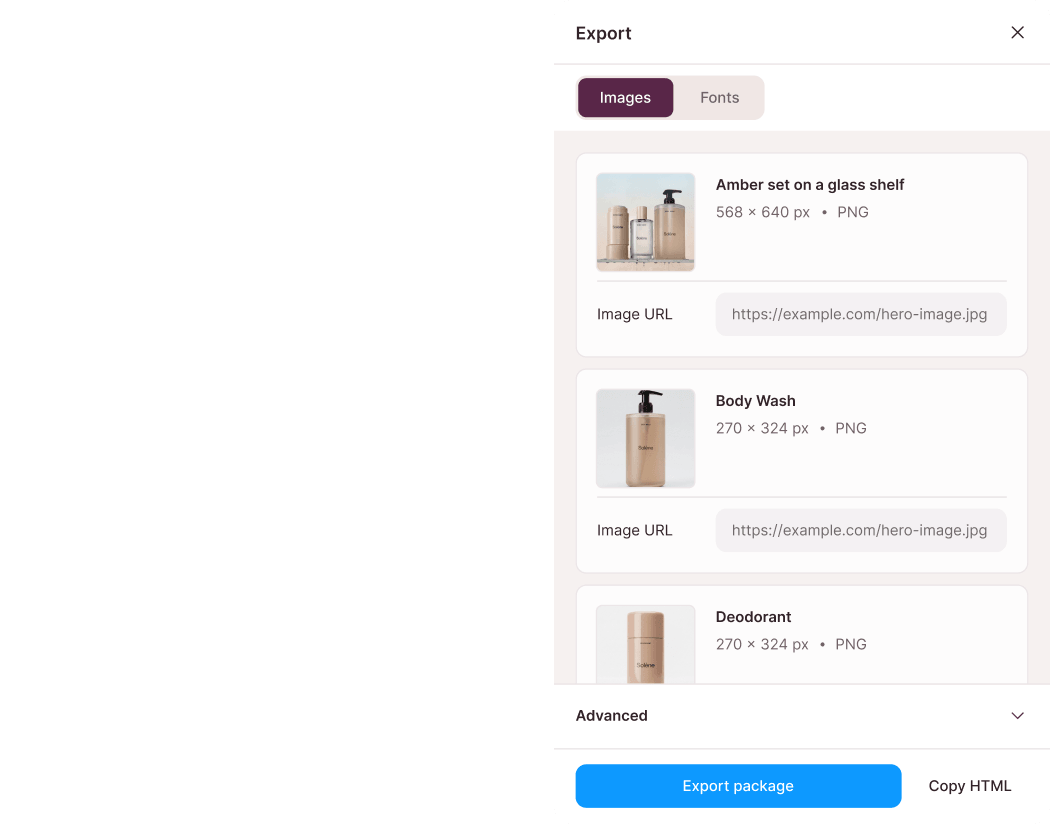 Split screen: left shows HTML code snippet, right shows export dialog with skincare product images.