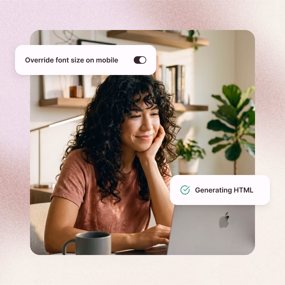 Woman with curly hair smiling while using a laptop with UI overlays about HTML generation and font size toggle.