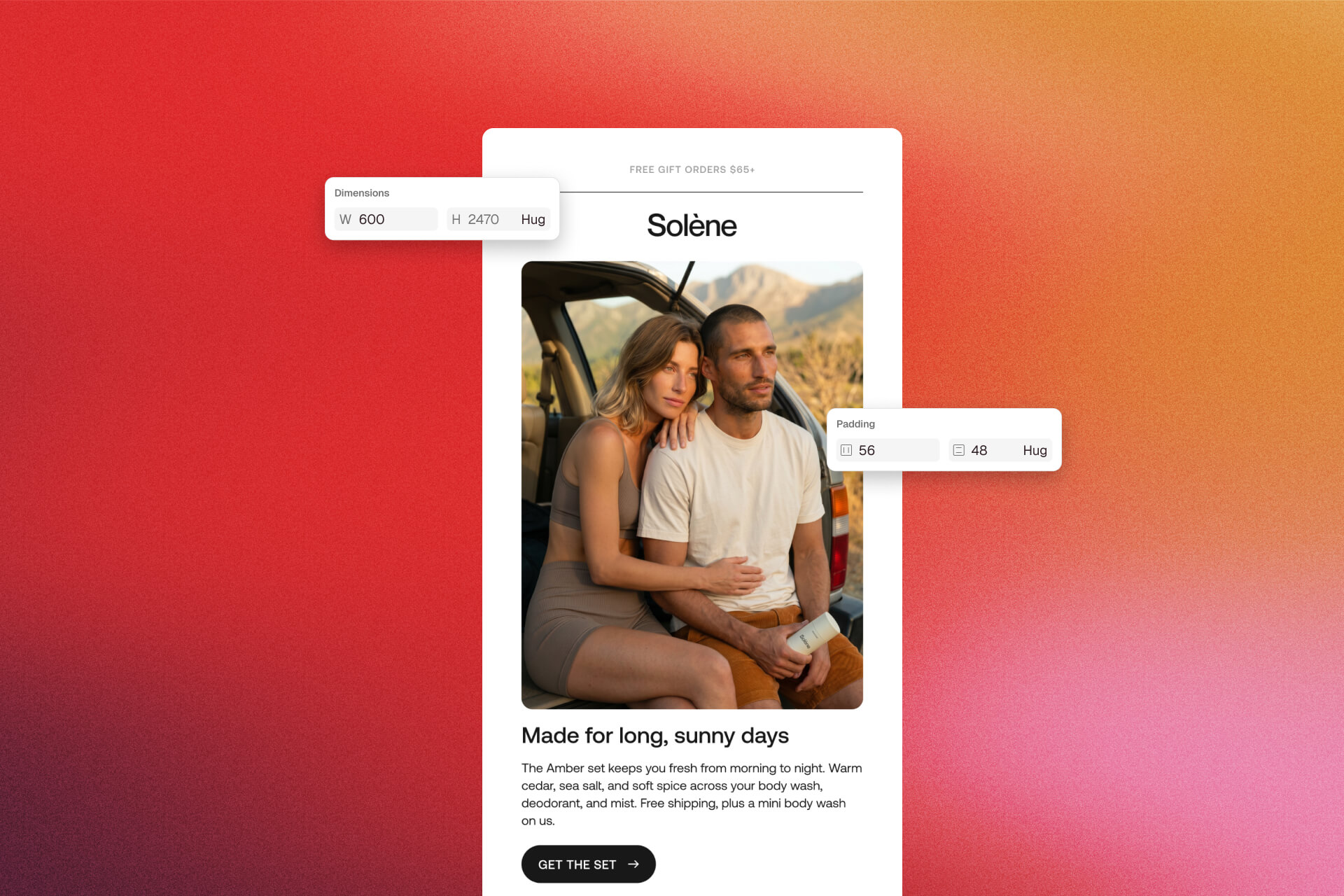 An email frame in Figma set to 600 wide, with its height on Hug and 56 and 48 pixels of padding
