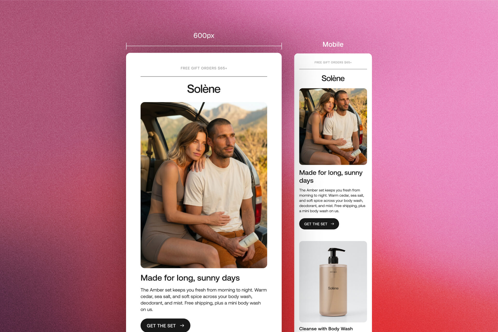 The same email as a 600 pixel desktop frame and a mobile frame, side by side