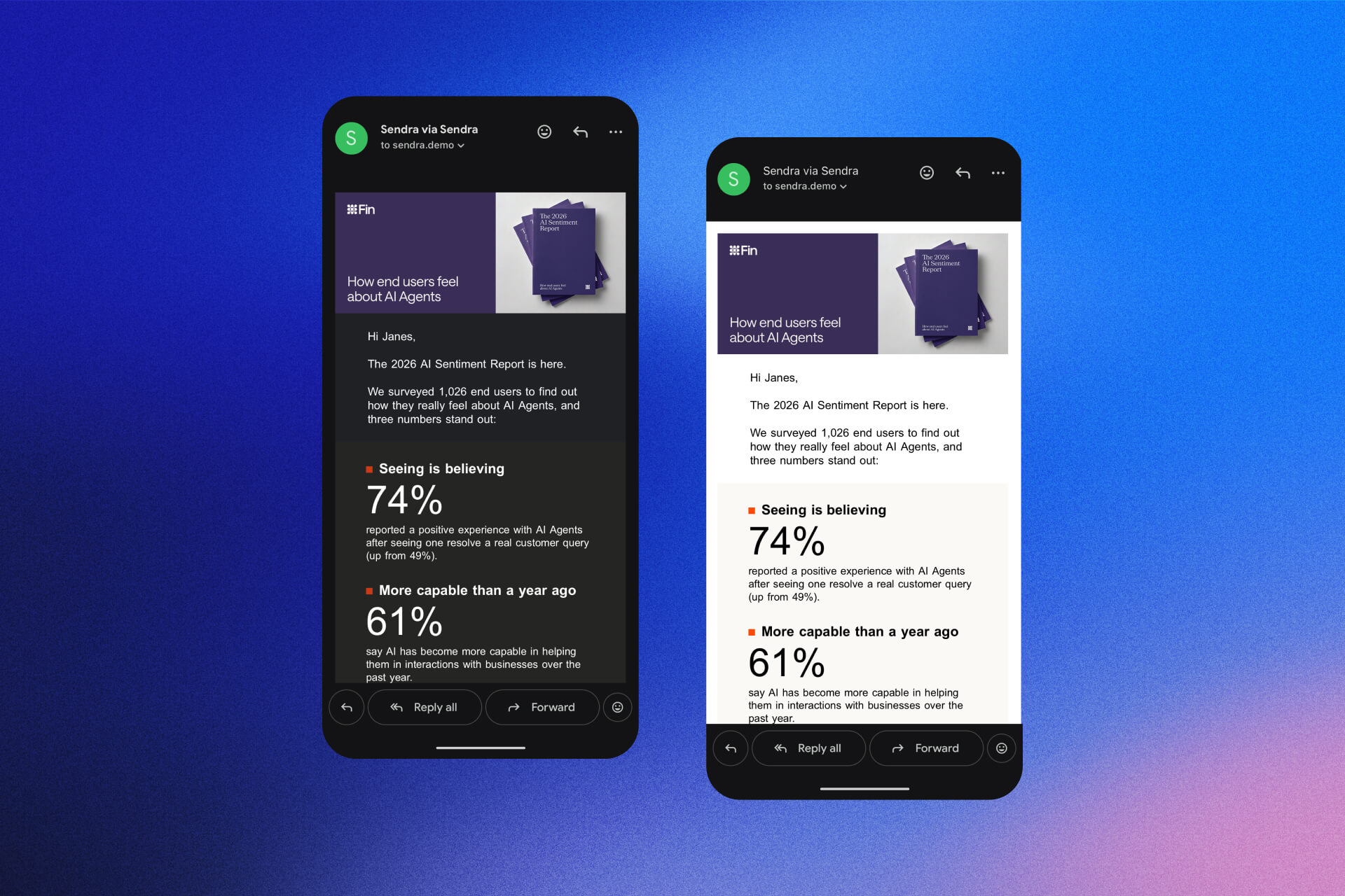 The same email in the Gmail app in dark mode, recolored on the left and kept light on the right
