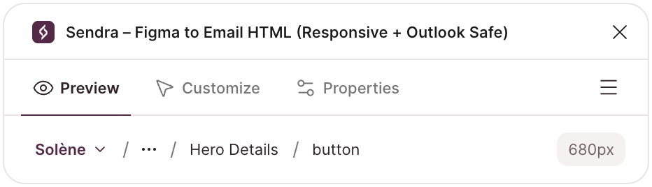 Sendra's breadcrumb after clicking a button deep inside an email: Solène, then Hero Details, then button.