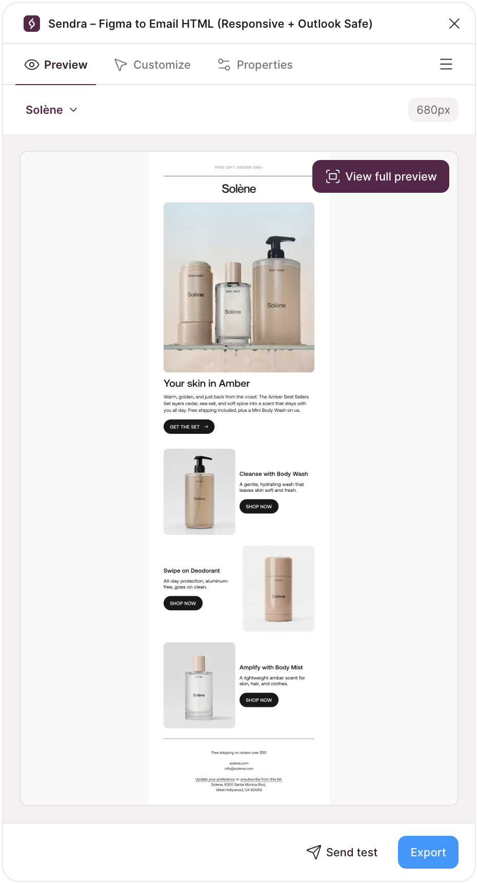 Sendra open on the Preview tab, showing the Solène email, with Send test and Export at the bottom.