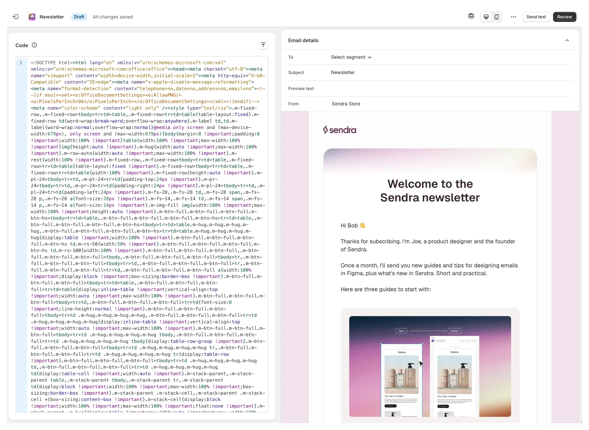 Shopify Messaging's Code your own editor with a Sendra email pasted in, and Shopify's preview beside it