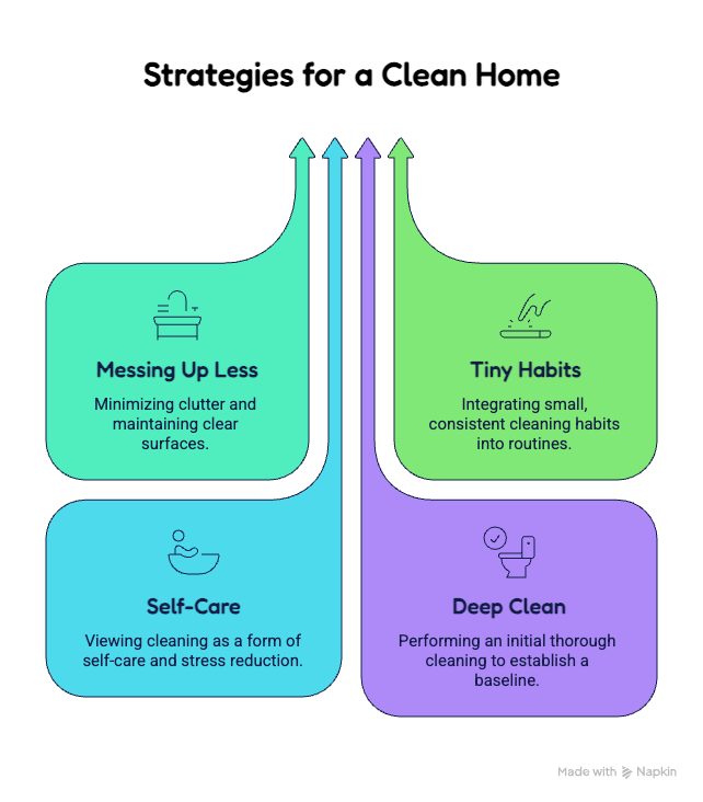 Four strategies for a clean home: messing up less by minimizing clutter and keeping surfaces clear, building tiny consistent cleaning habits into daily routines, treating cleaning as self-care that reduces stress, and starting with a deep clean to set a baseline.