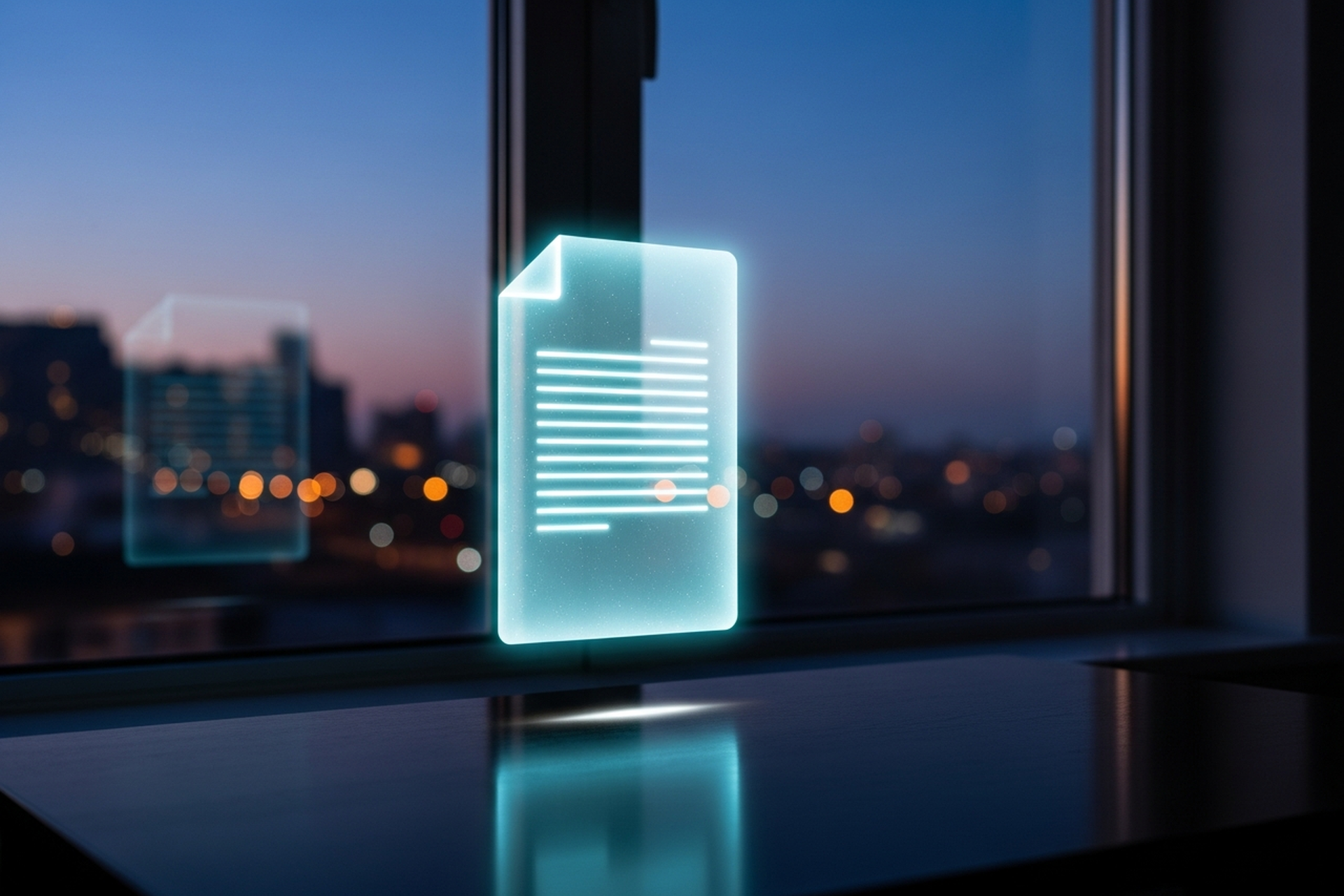 Abstract digital illustration of a founder's workspace with glowing document nodes connected by light paths on a deep navy background, with bright orange accent highlights and structured data grids suggesting a business plan being built