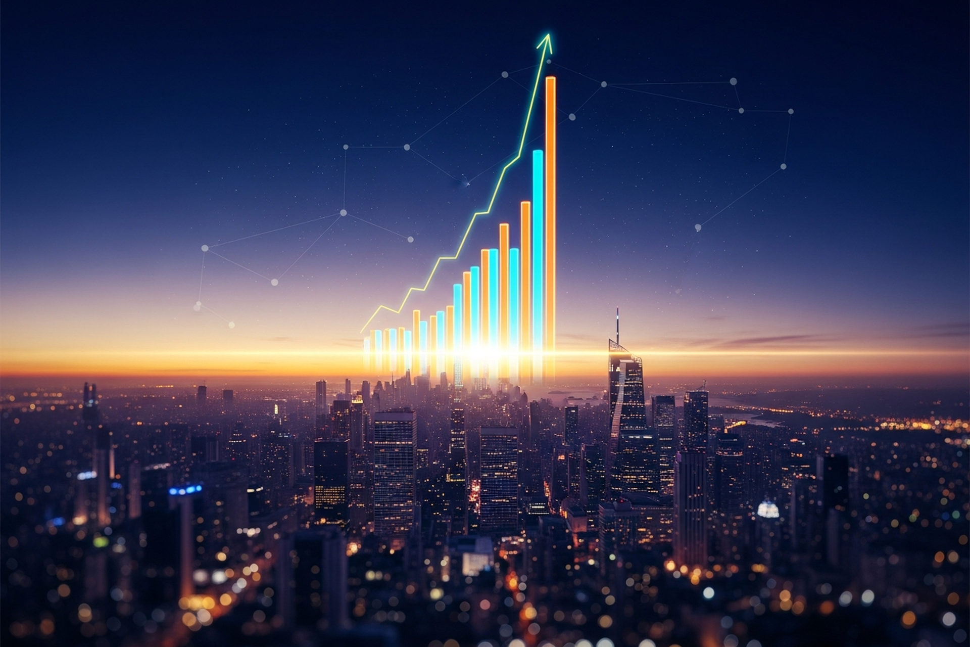 Abstract illustration of interconnected financial schedules and growth charts on a deep navy background with orange accents, representing a structured startup forecast model