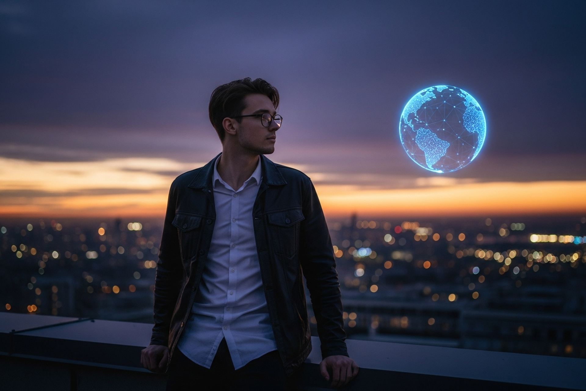 Abstract illustration of a young founder standing at the center of an interconnected web of ideas, tools, and community nodes on a deep navy background with orange highlights