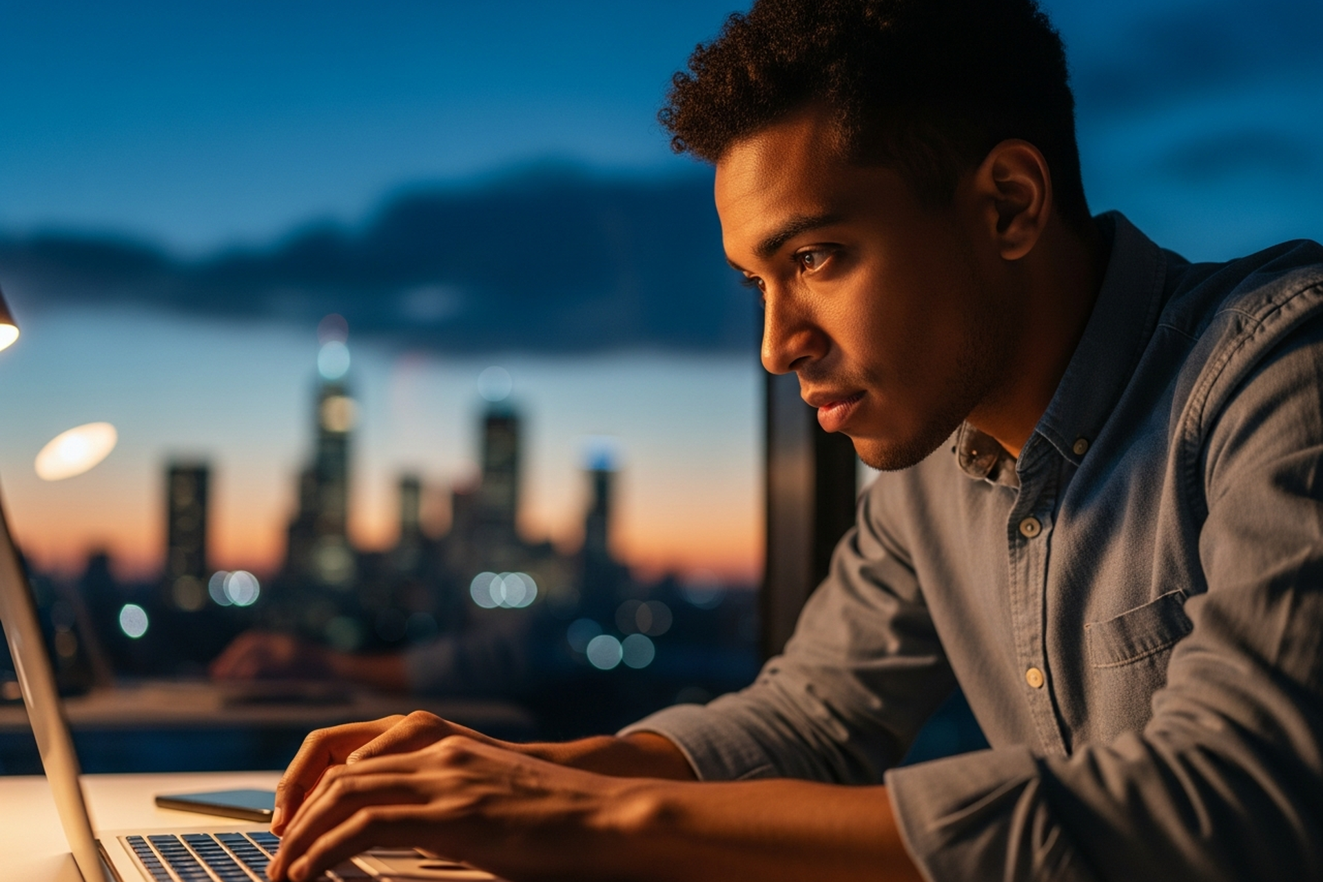 Abstract illustration of a young founder at a desk surrounded by floating skill icons (a speech bubble, price tag, decision tree, and feedback loop) on a deep navy background with orange accents