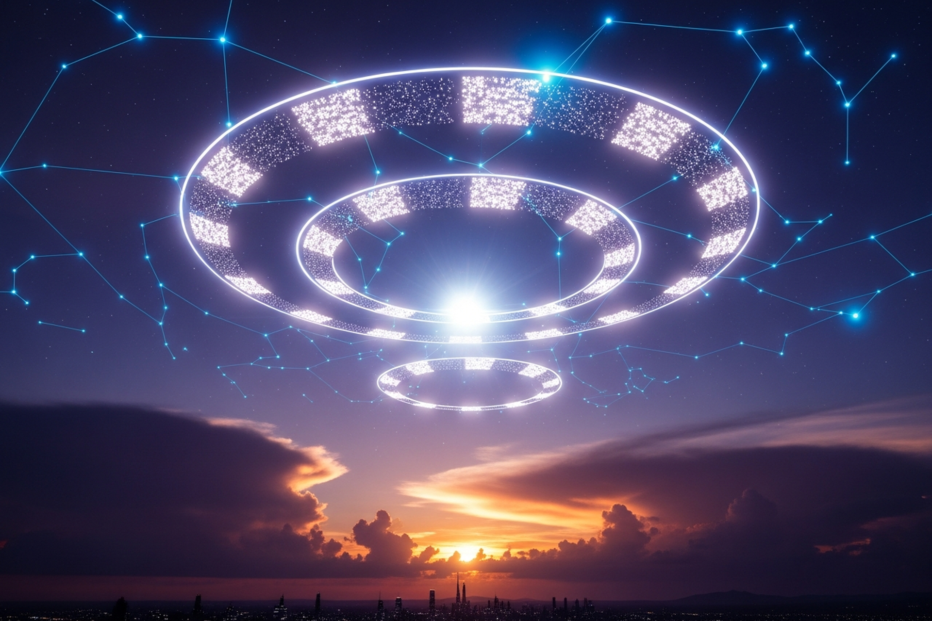 Giant glowing concentric rings of segmented market data hovering in a deep indigo twilight sky above a sunset city skyline, woven through with cyan constellation network lines