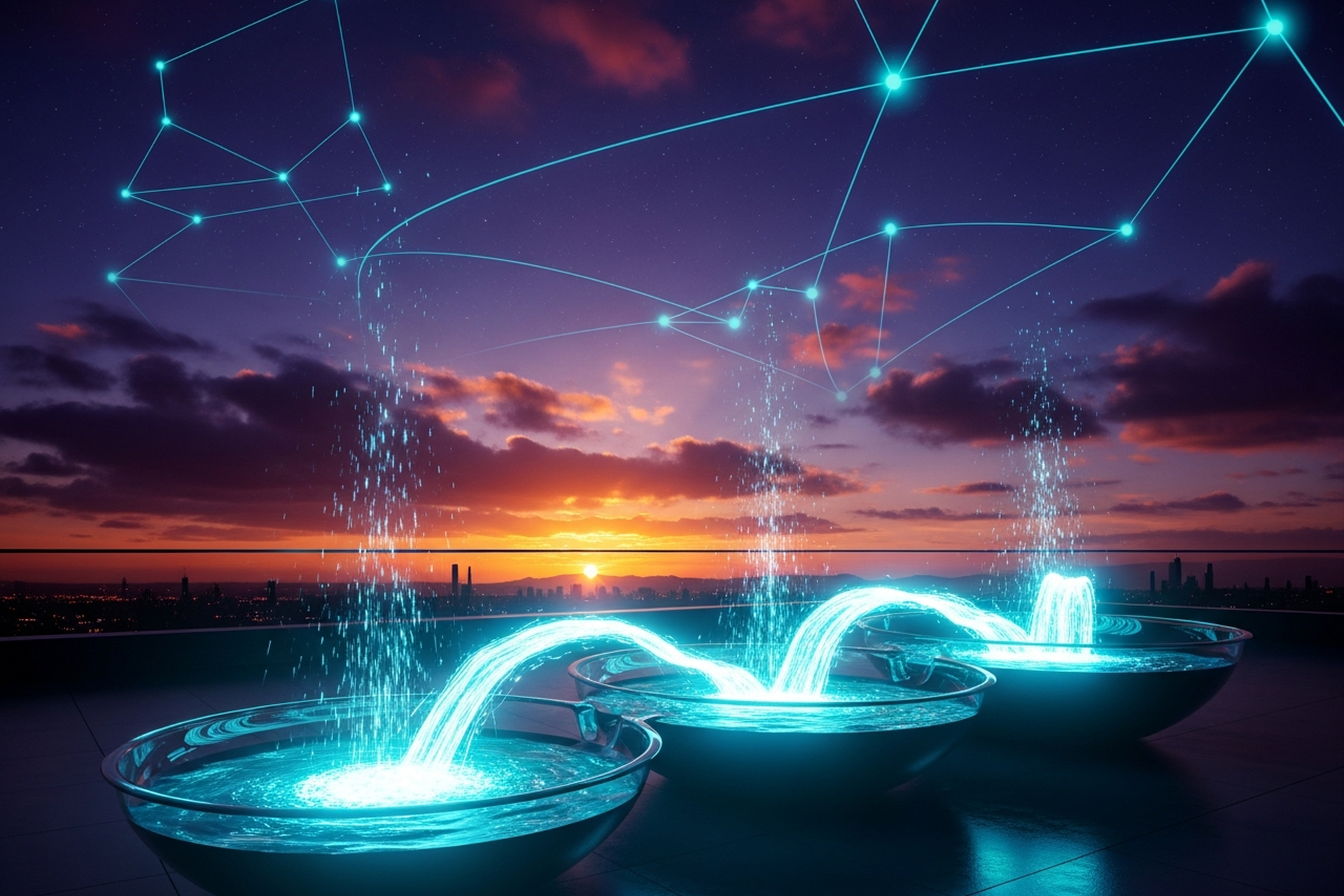 Glowing streams of light cascading between three luminous basins on a rooftop at dusk, representing cash flowing in, through, and out of a business, beneath a constellation-filled indigo and orange sky