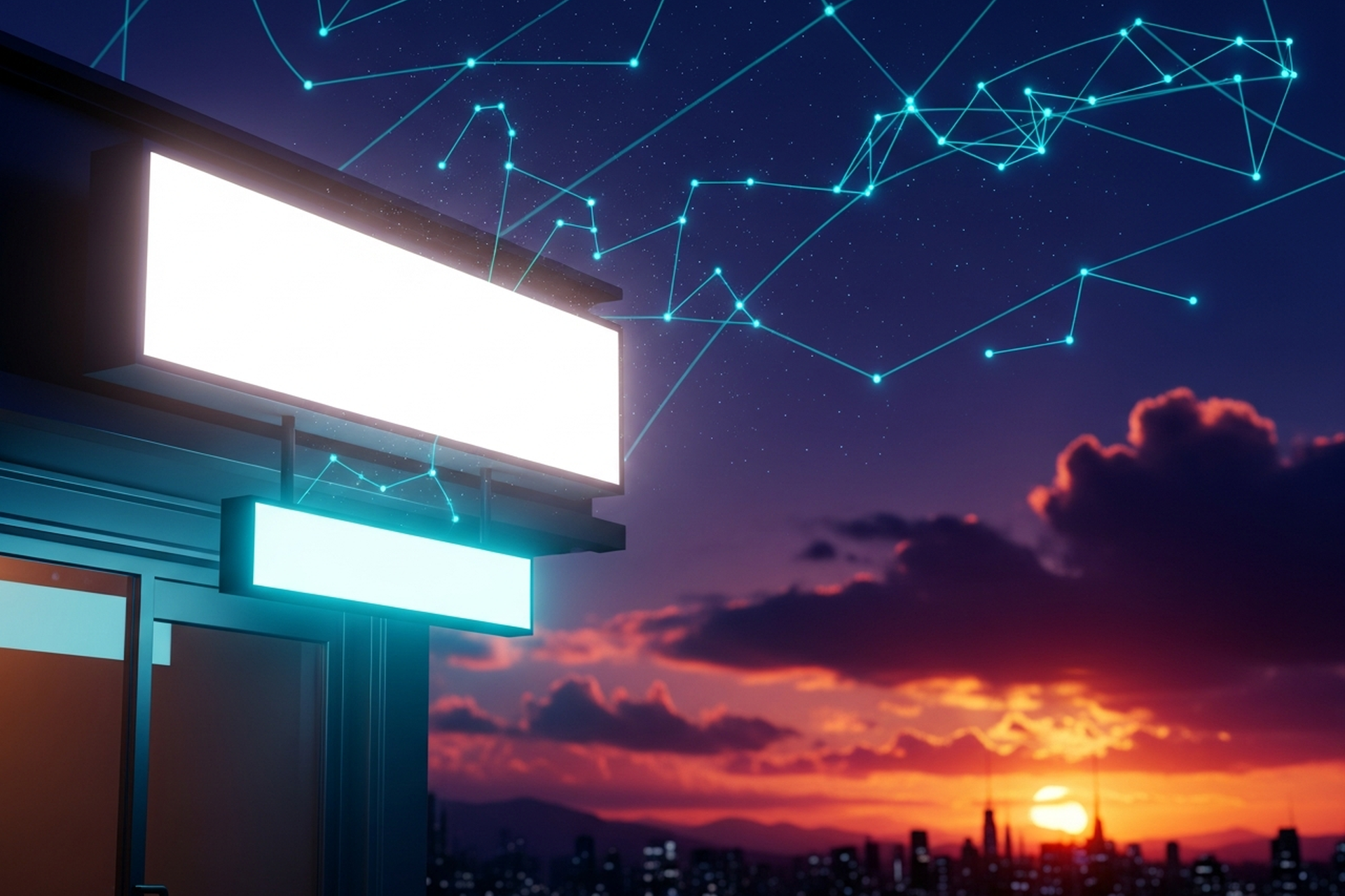 Two blank glowing storefront sign boxes on a modern shopfront at dusk, one brilliant white and one cyan, beneath a constellation-laced indigo sky with an orange sunset over the city skyline