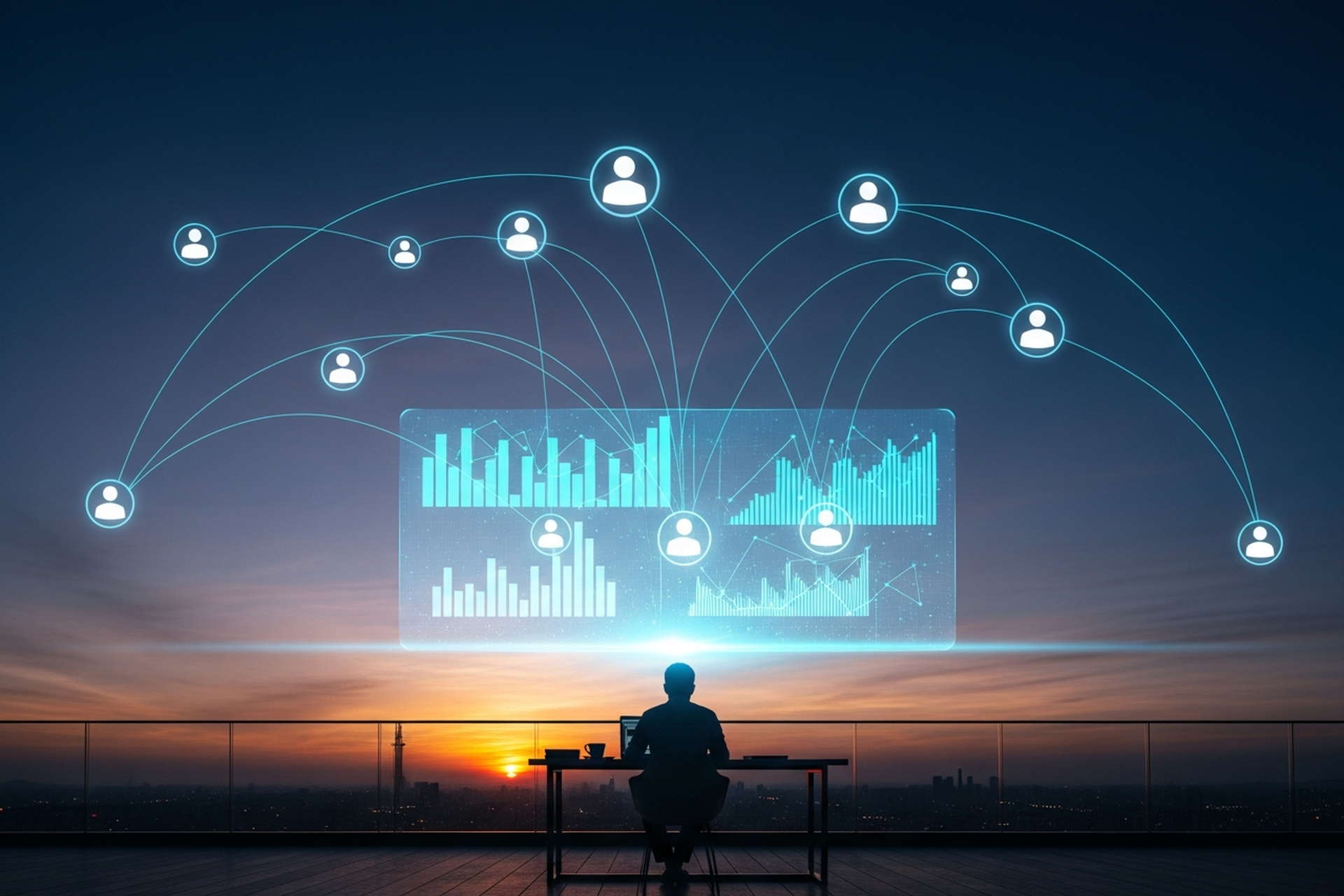 A founder at a rooftop desk at sunset reviewing a holographic dashboard of charts connected by glowing arcs to customer icons