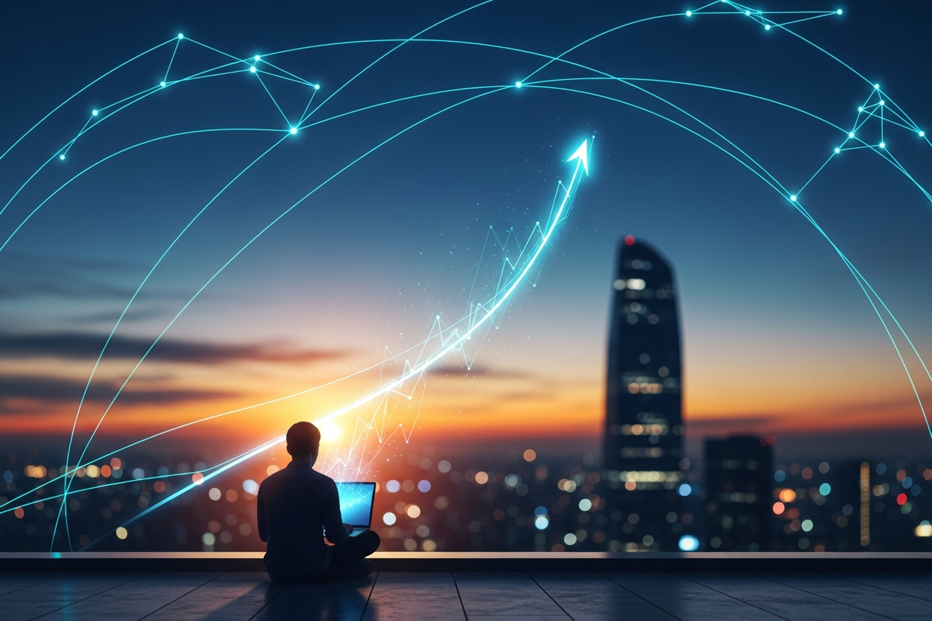 A founder seated on a rooftop with a laptop watching a glowing growth arrow curve over the city skyline at dusk