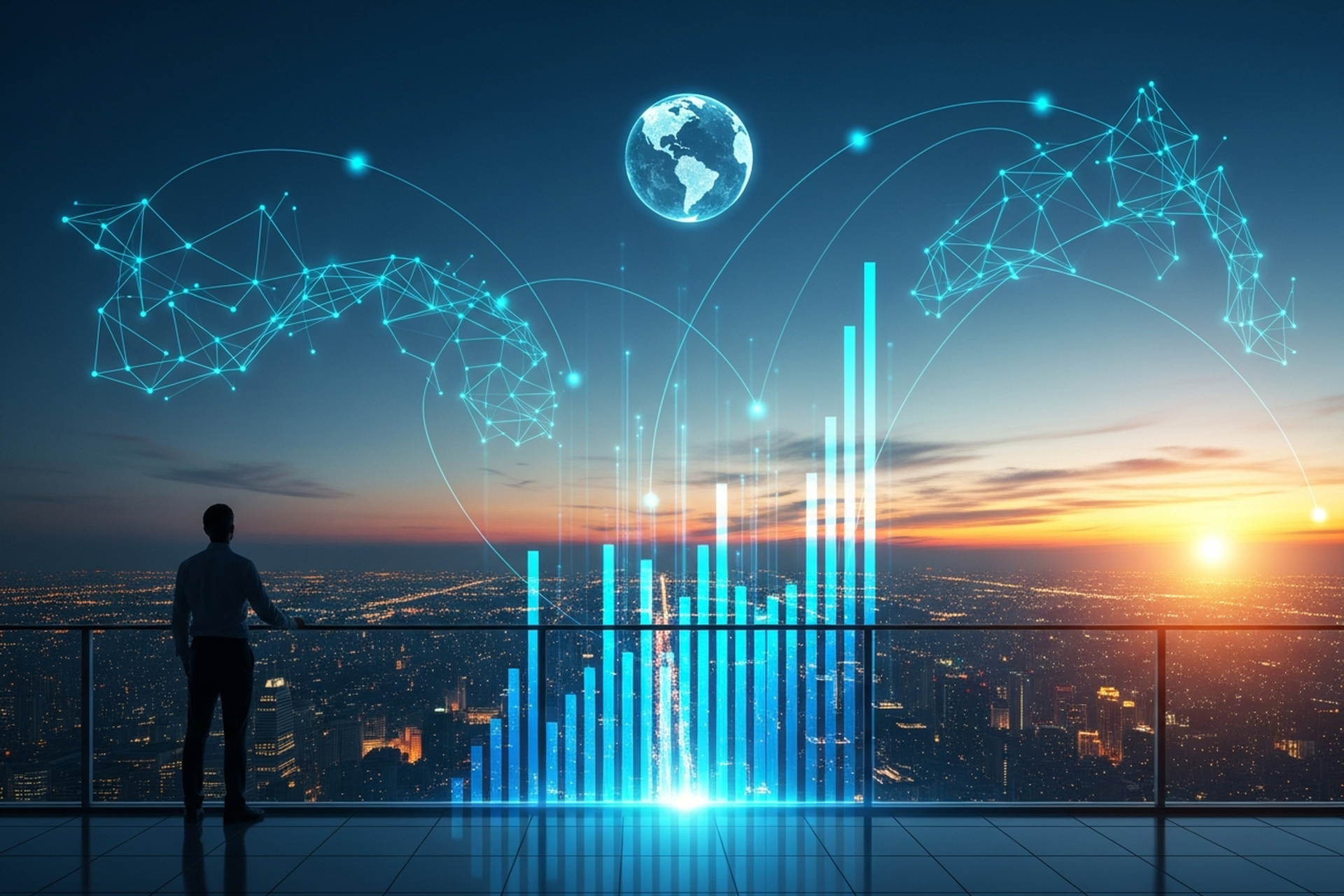 A silhouetted entrepreneur on a rooftop terrace at dusk surrounded by holographic bar charts, network lines, and a glowing globe above the city