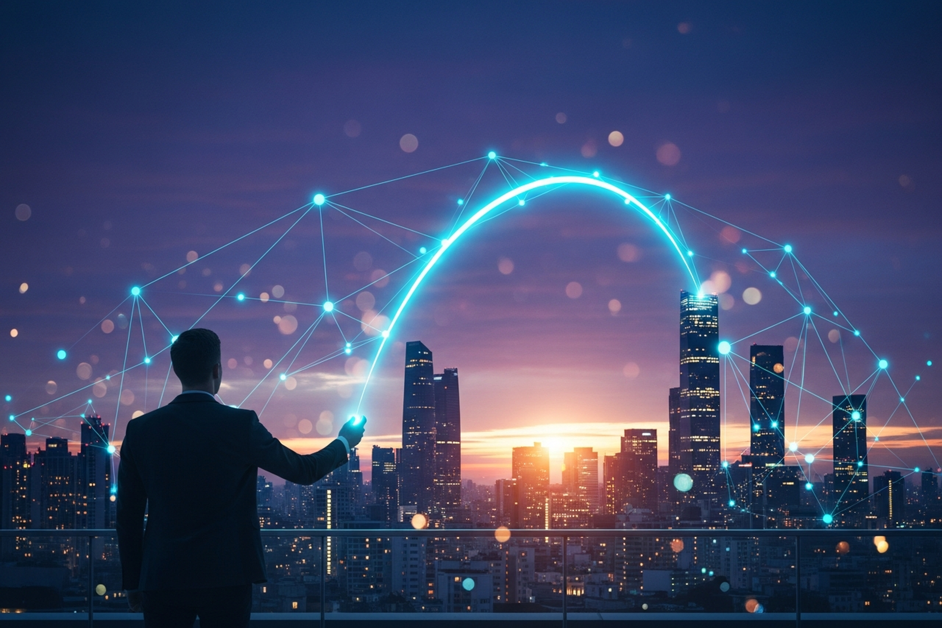 A suited founder reaching out to grasp the endpoint of a glowing arc spanning a purple sunset city skyline