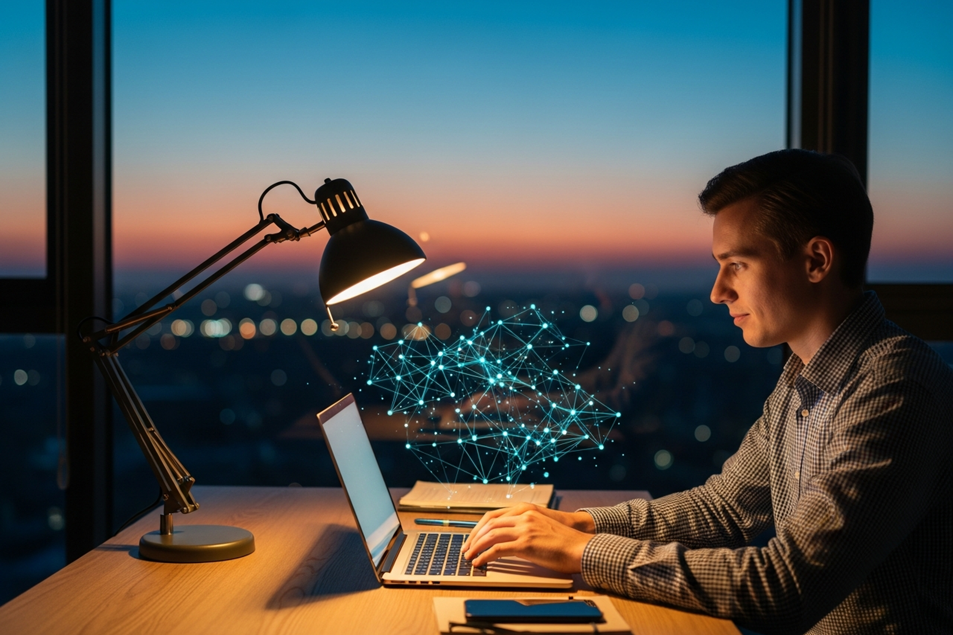 A student typing on a laptop at a desk-lamp-lit table against a twilight city window with a faint glowing network in the sky
