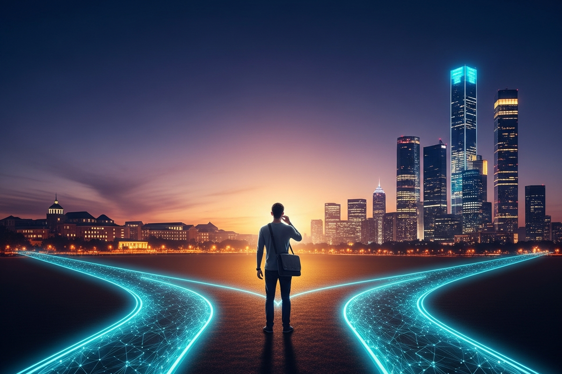 A person with a messenger bag standing at a fork of two glowing paths leading toward a twilight city skyline