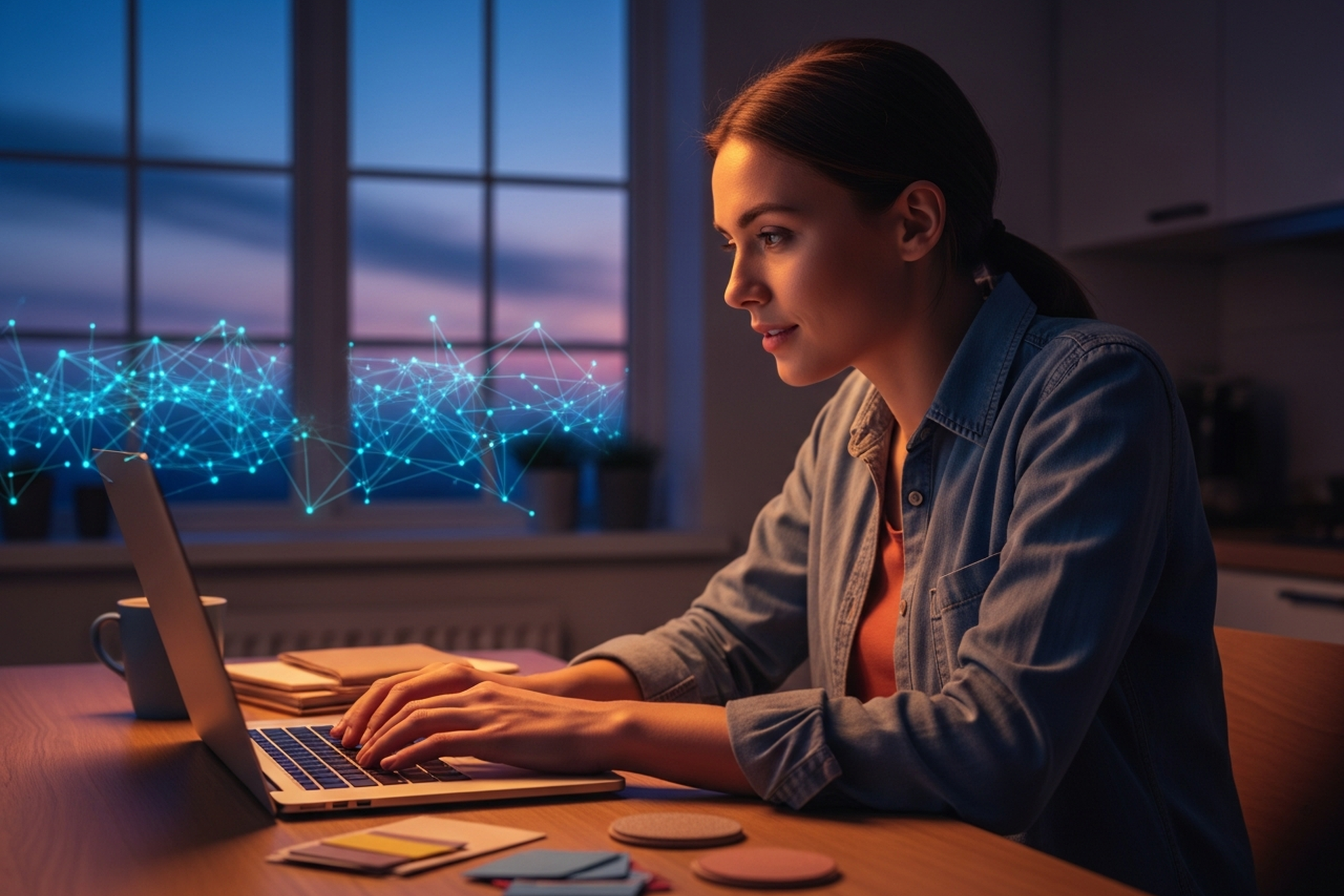 A high school student typing on a laptop at the kitchen table at dusk, a glowing network drifting across the twilight sky outside the window