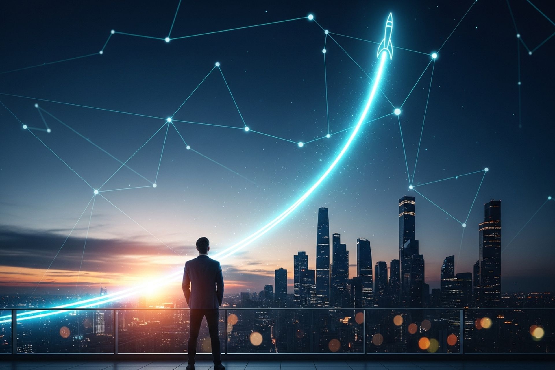 A founder on a rooftop terrace at night watching a glowing rocket trace an exponential growth curve over the city skyline