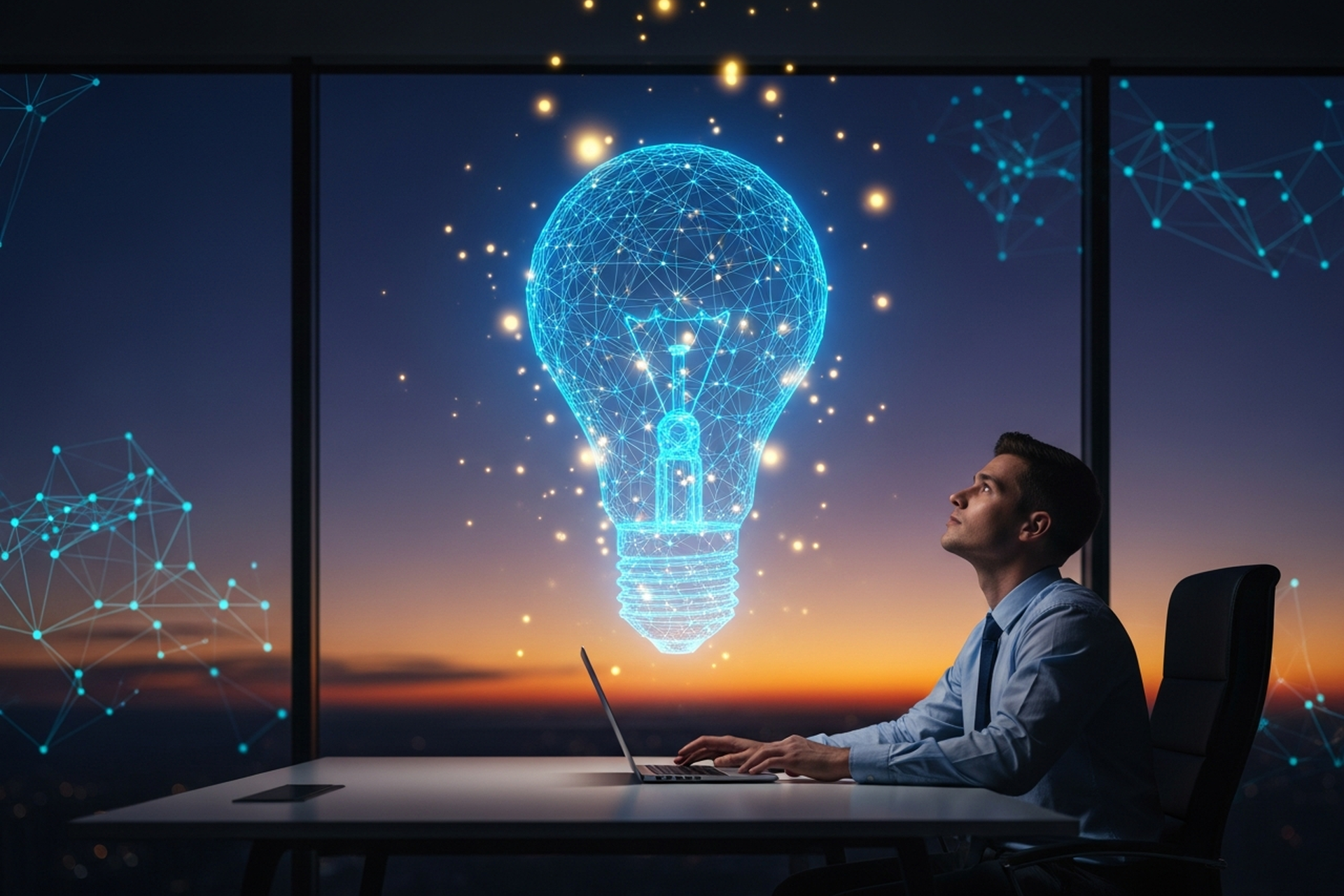 A founder at a desk looking up from a laptop at a glowing wireframe lightbulb hologram sparking with ideas at dusk