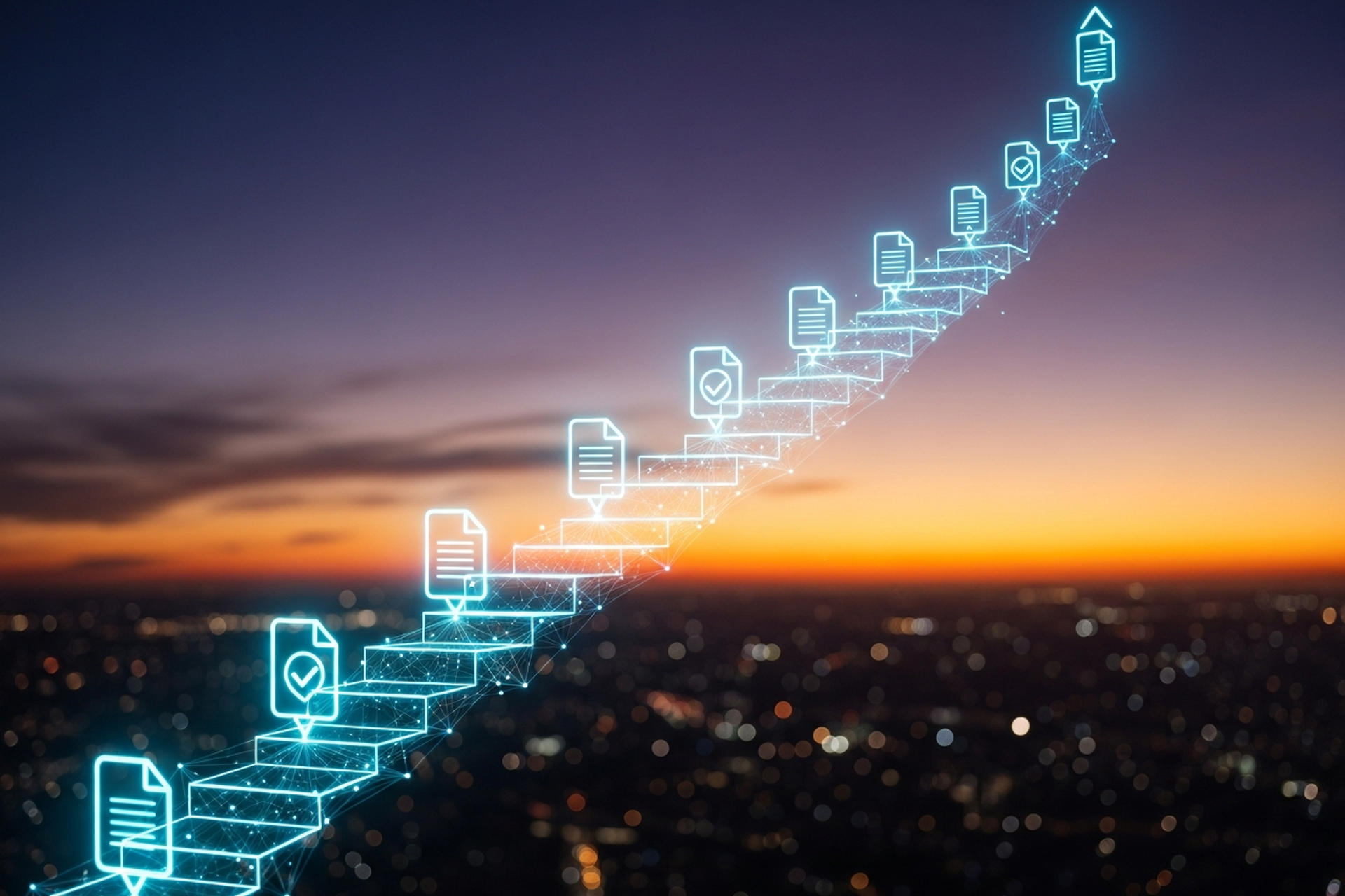 A glowing cyan sequence of connected checkpoint nodes forming a path across a city skyline at twilight, representing the steps to register a business