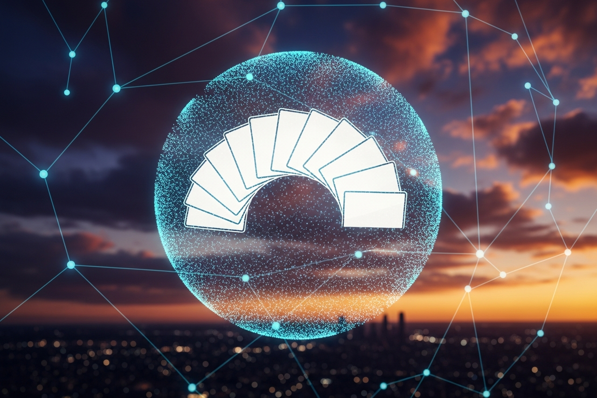 A glowing stack of translucent cyan presentation slides fanned out above a modern city skyline at dusk