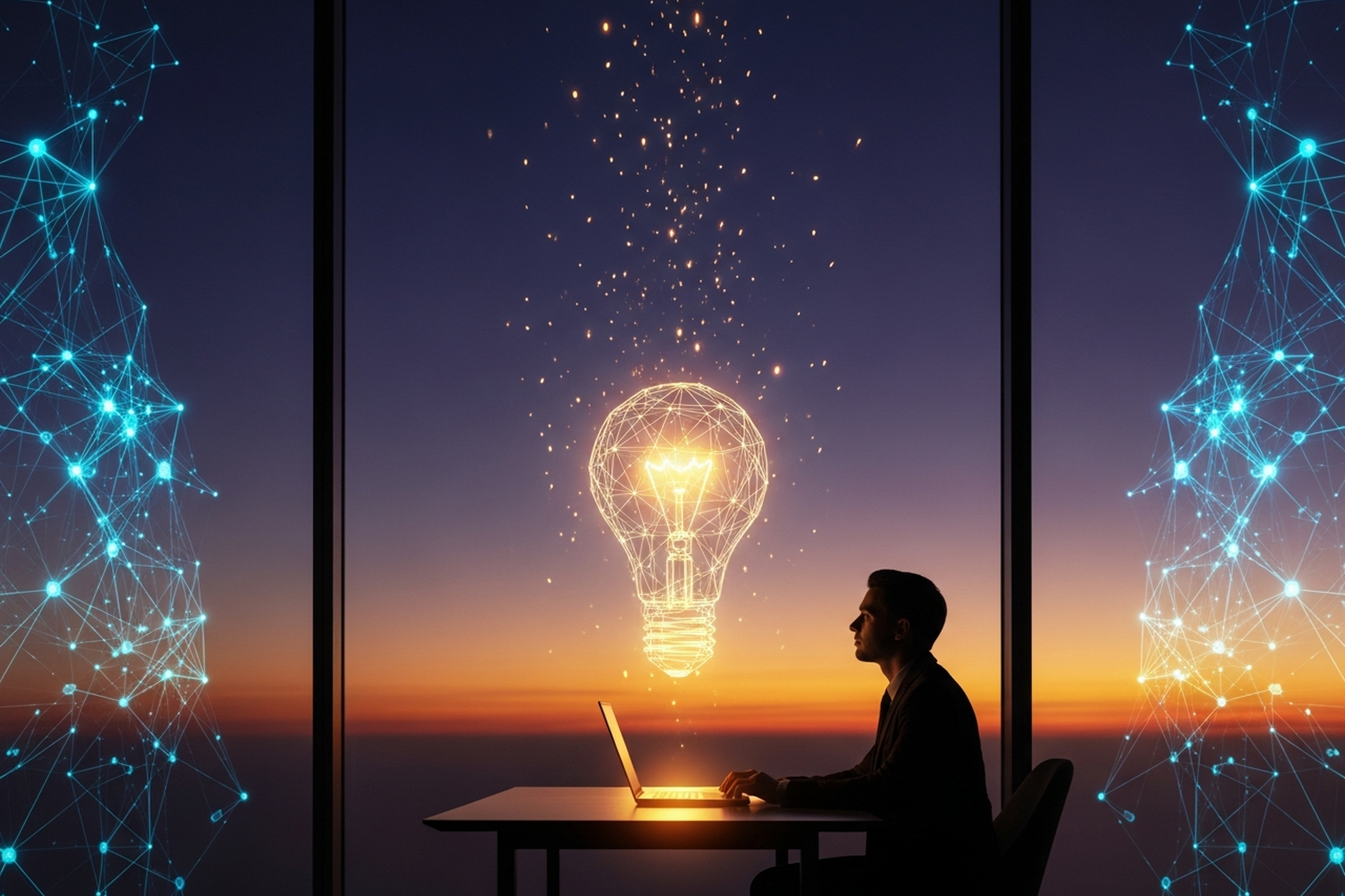 A founder seated in profile at a minimalist desk, watching a glowing golden wireframe lightbulb float above the desk against a purple and orange sunset